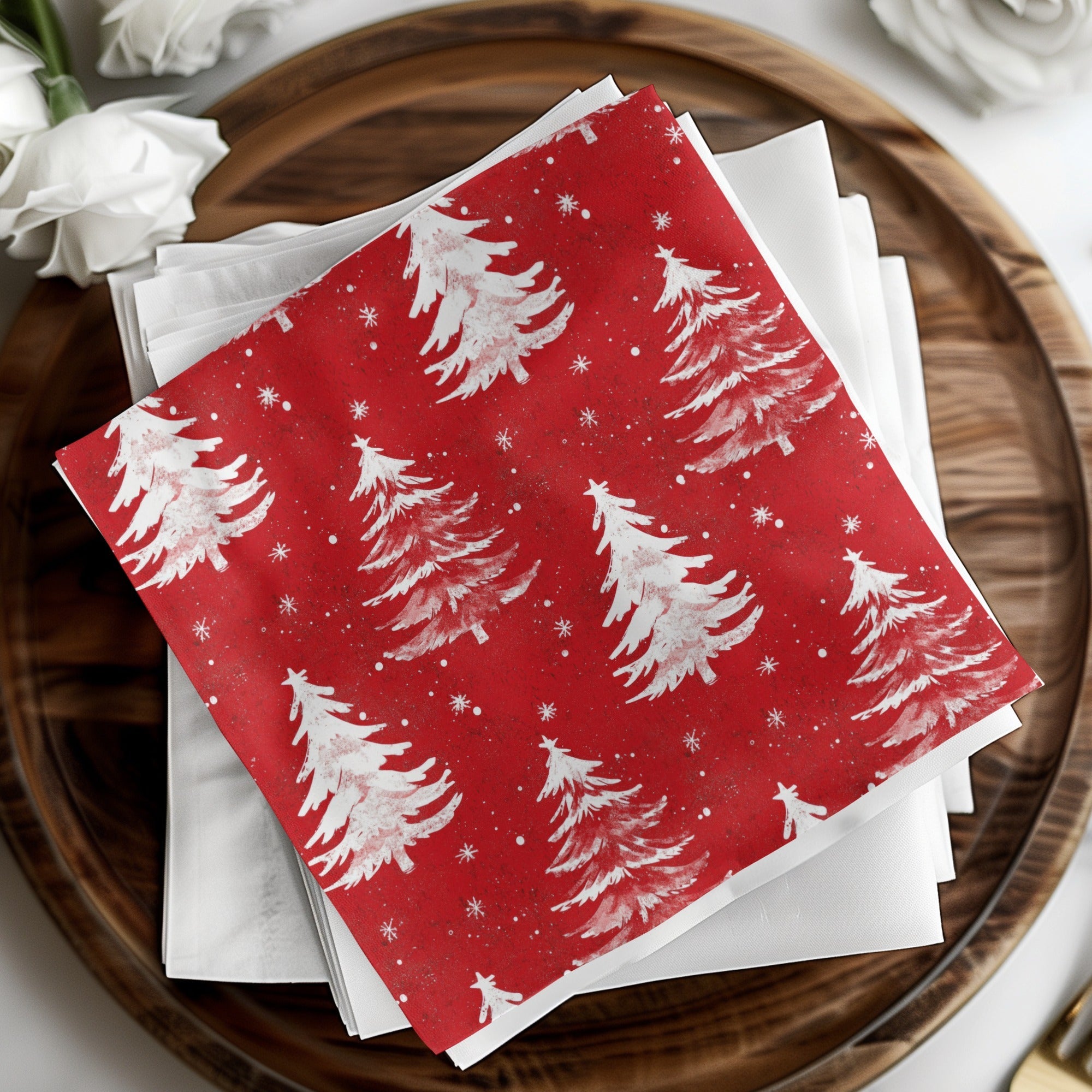 Red Christmas Tree Digital Paper, White Pine Tree Pattern, Holiday Scrapbook Paper, Winter Seamless Pattern, Christmas Background