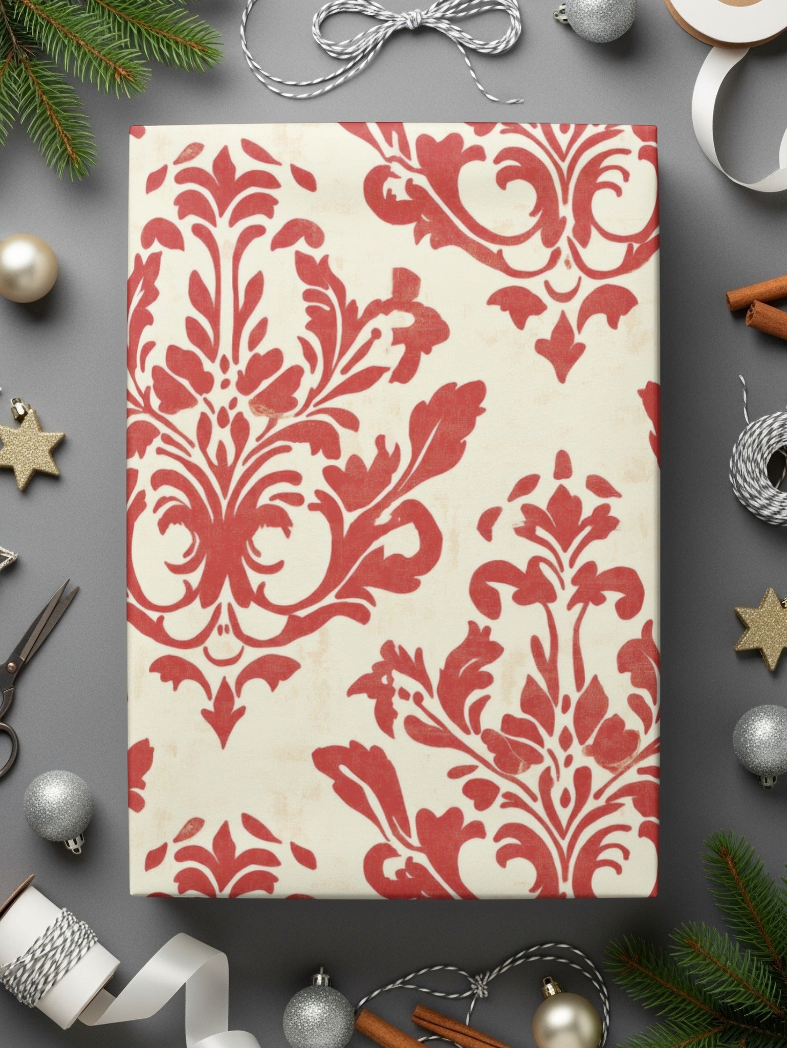 Red Floral Damask Vintage Pattern Design for Background Digital
