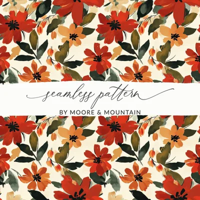 Red Floral Digital Paper, Watercolor Flower Pattern, Seamless Autumn Bloom Design, Fabric Design, Digital Download (120)