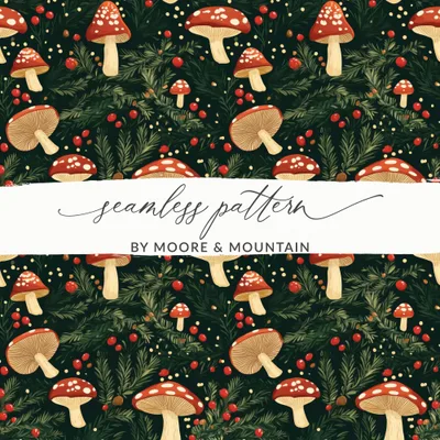 Red Mushroom & Berries With Branches Digital Pattern Printable Art