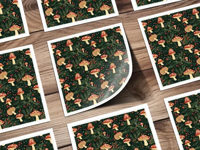Red Mushroom & Berries With Branches Digital Pattern Printable Art