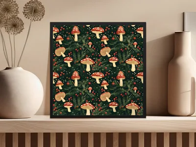 Red Mushroom & Berries With Branches Digital Pattern Printable Art