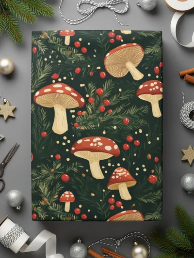 Red Mushroom & Berries With Branches Digital Pattern Printable Art