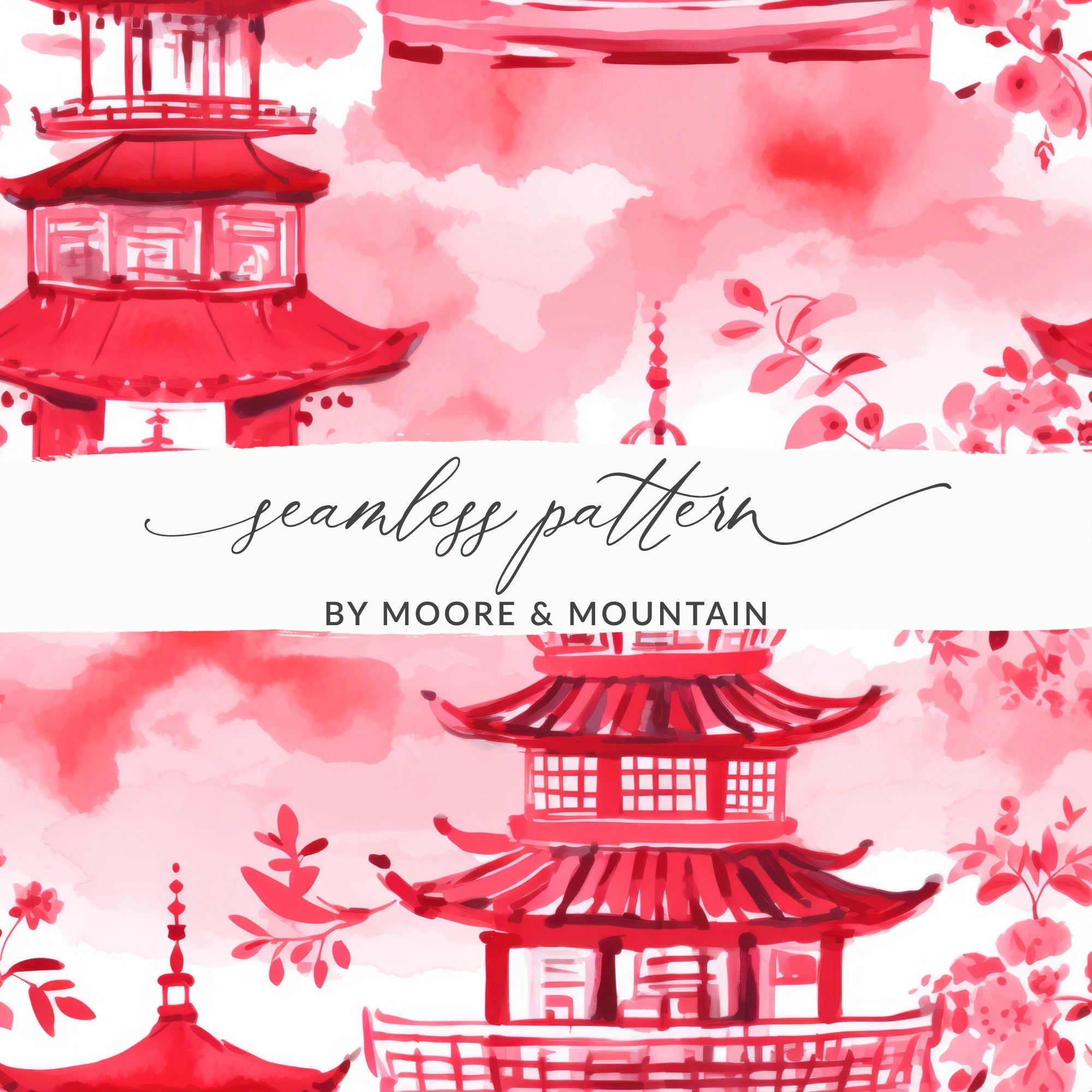 Red Pagoda Digital Paper, Japanese Seamless Pattern, Oriental Design, Scrapbook Paper, Asian Fabric, Chinoiserie Printable Paper, Digital
