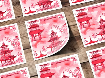 Red Pagoda Digital Paper, Japanese Seamless Pattern, Oriental Design, Scrapbook Paper, Asian Fabric, Chinoiserie Printable Paper, Digital