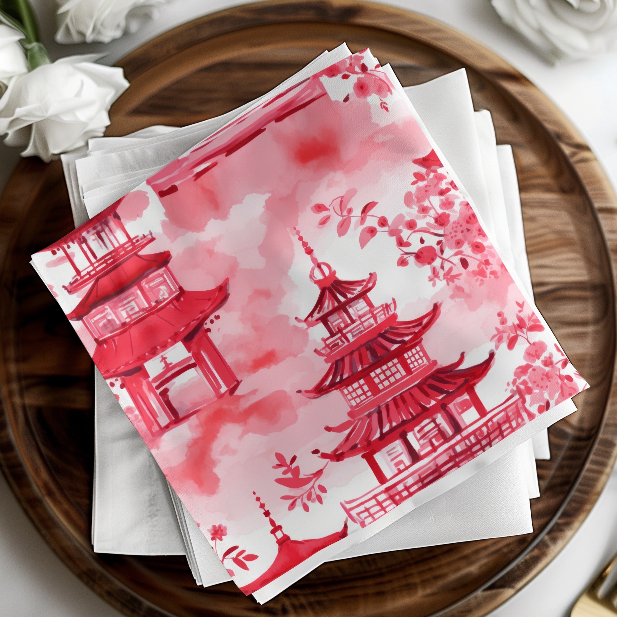 Red Pagoda Digital Paper, Japanese Seamless Pattern, Oriental Design, Scrapbook Paper, Asian Fabric, Chinoiserie Printable Paper, Digital
