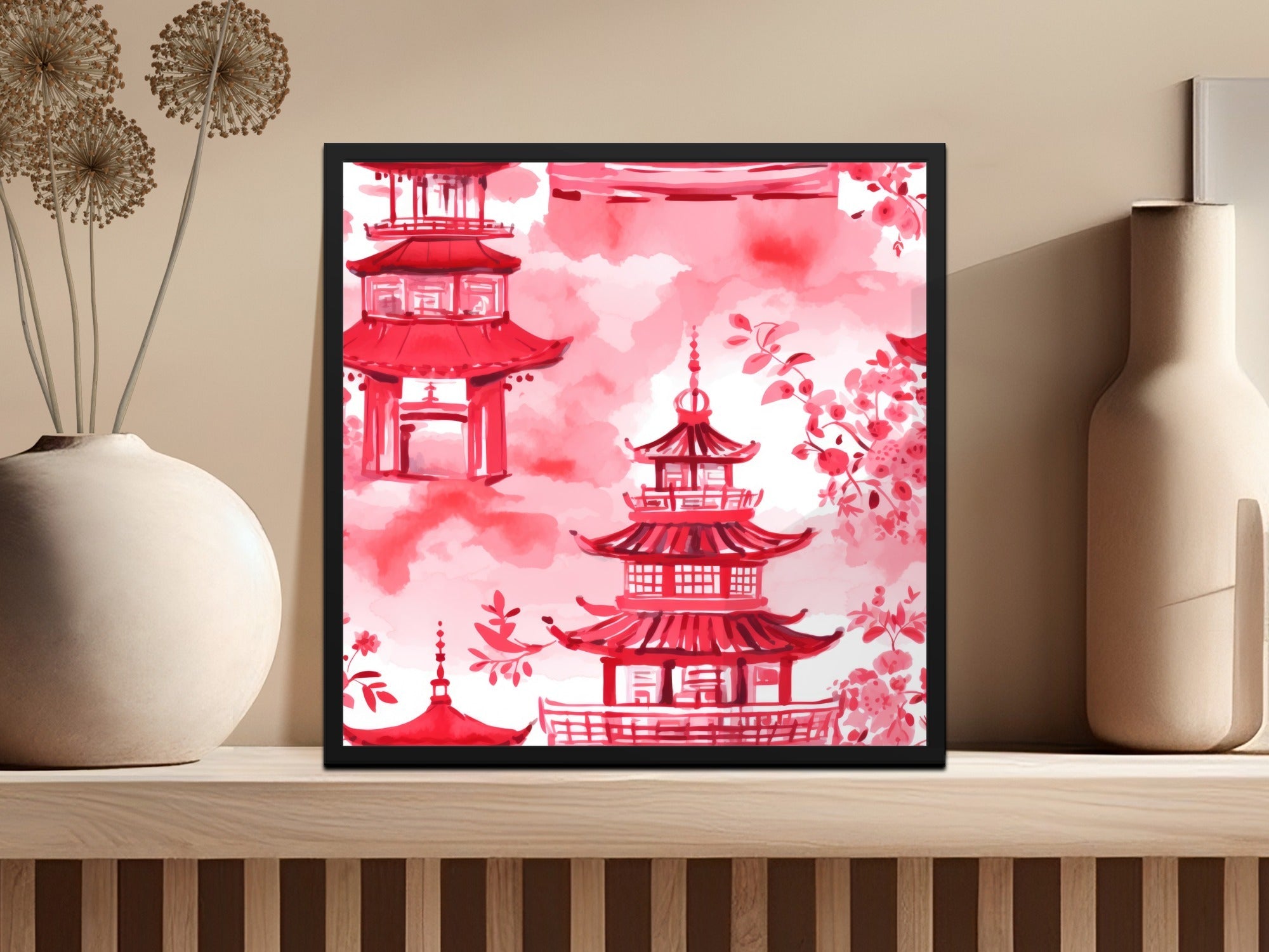 Red Pagoda Digital Paper, Japanese Seamless Pattern, Oriental Design, Scrapbook Paper, Asian Fabric, Chinoiserie Printable Paper, Digital