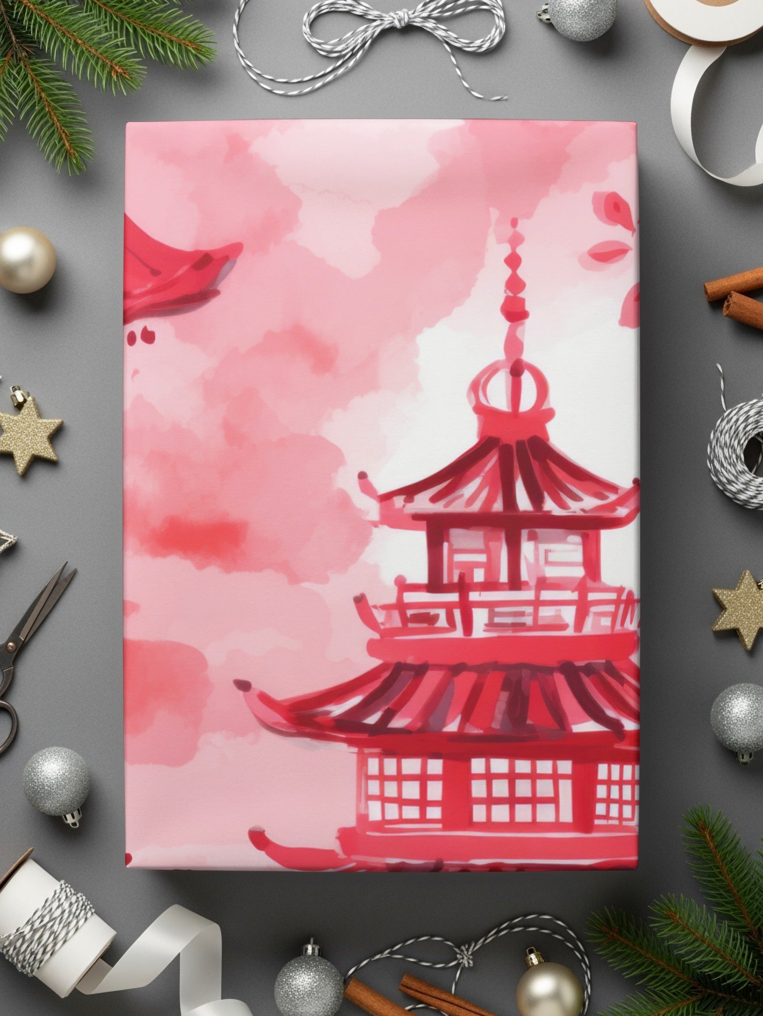 Red Pagoda Digital Paper, Japanese Seamless Pattern, Oriental Design, Scrapbook Paper, Asian Fabric, Chinoiserie Printable Paper, Digital