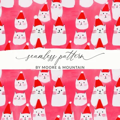 Red Pink Cat Santa Hat Digital Paper, Christmas Kitten Pattern, Holiday Pet Fabric Design, Winter Festive Download, Seamless