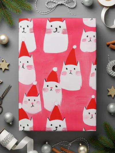Red Pink Cat Santa Hat Digital Paper, Christmas Kitten Pattern, Holiday Pet Fabric Design, Winter Festive Download, Seamless