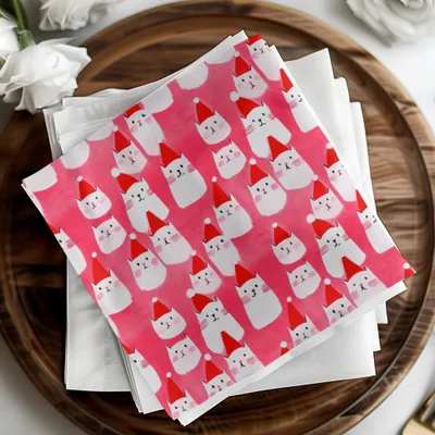 Red Pink Cat Santa Hat Digital Paper, Christmas Kitten Pattern, Holiday Pet Fabric Design, Winter Festive Download, Seamless
