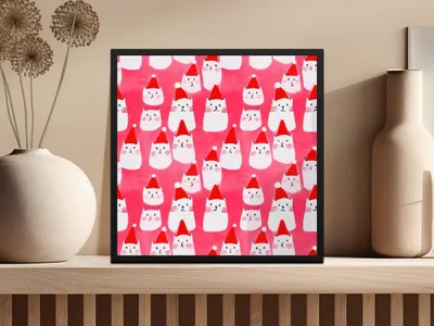 Red Pink Cat Santa Hat Digital Paper, Christmas Kitten Pattern, Holiday Pet Fabric Design, Winter Festive Download, Seamless