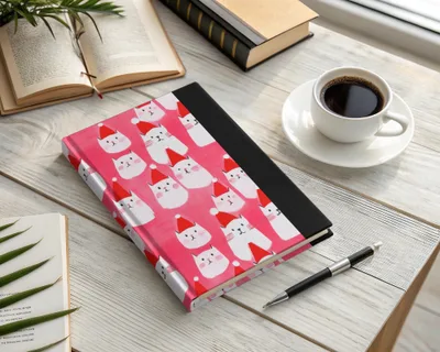 Red Pink Cat Santa Hat Digital Paper, Christmas Kitten Pattern, Holiday Pet Fabric Design, Winter Festive Download, Seamless