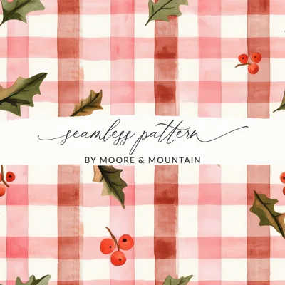 Red Buffalo Check Christmas Plaid With Holly Berries Seamless Pattern Checkered Xmas