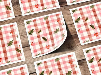 Red Buffalo Check Christmas Plaid With Holly Berries Seamless Pattern Checkered Xmas