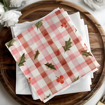 Red Buffalo Check Christmas Plaid With Holly Berries Seamless Pattern Checkered Xmas
