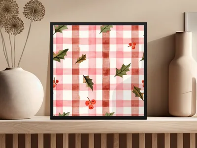Red Buffalo Check Christmas Plaid With Holly Berries Seamless Pattern Checkered Xmas