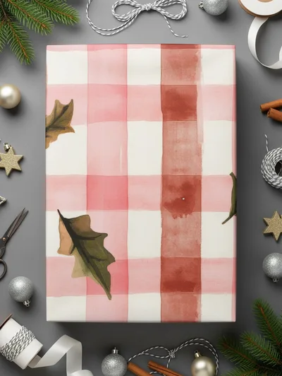 Red Buffalo Check Christmas Plaid With Holly Berries Seamless Pattern Checkered Xmas