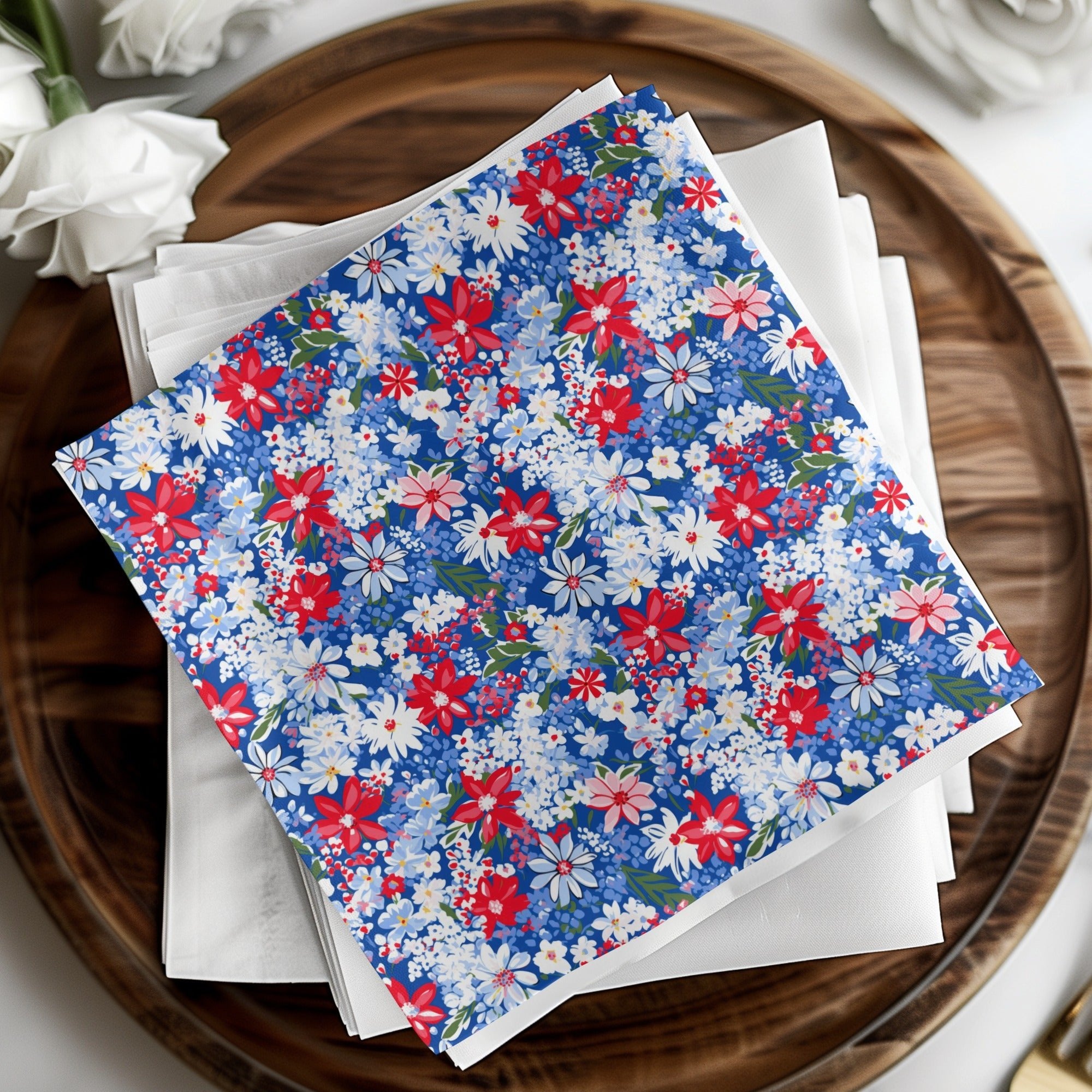 Red White Blue Floral Seamless Pattern, Digital Paper Pack, Flower Pattern Fabric Design, Scrapbooking Paper, Floral Digital File