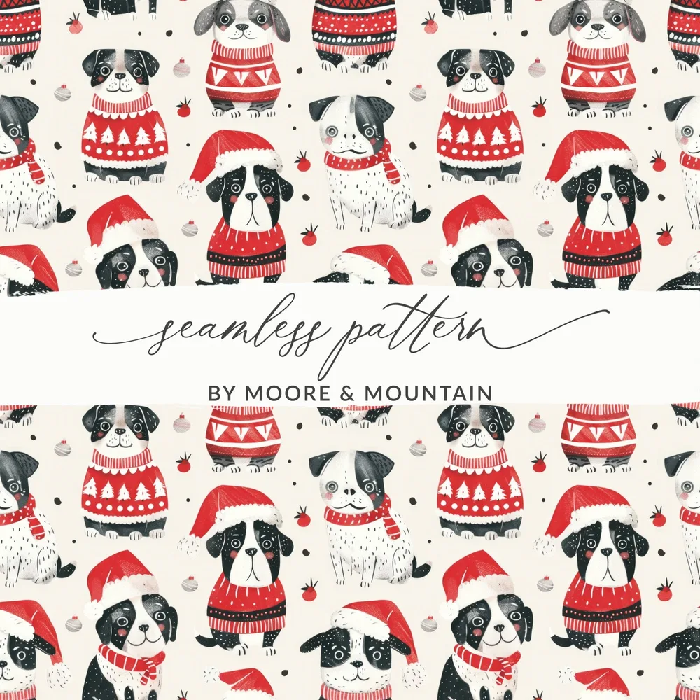Red Winter Dogs in Santa Hats Pattern Repeat Digital