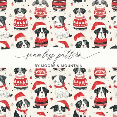 Red Winter Dogs in Santa Hats Pattern Repeat Digital