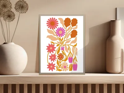 Retro Floral Digital Download Art, Pink Orange Mid Century Modern Botanical Print, Abstract Flower Wall Art, Instant Download Illustration