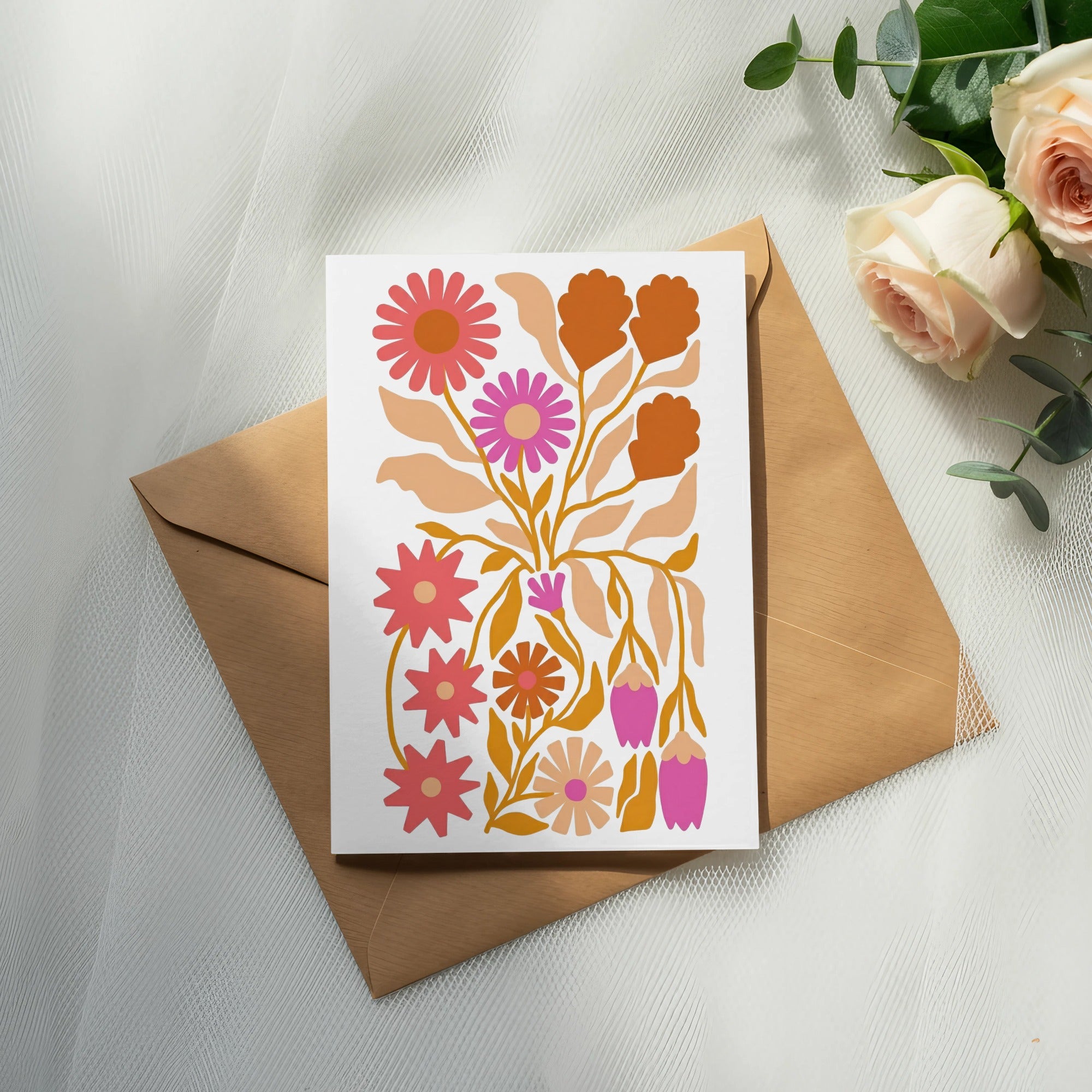 Retro Floral Digital Download Art, Pink Orange Mid Century Modern Botanical Print, Abstract Flower Wall Art, Instant Download Illustration