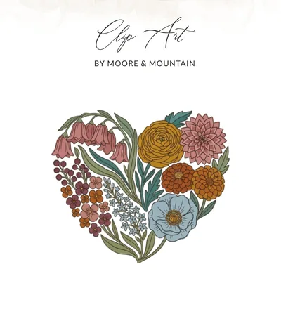 Retro Floral Heart PNG SVG, Vintage Botanical Flower Clipart, Groovy Heart Made of Flowers SVG