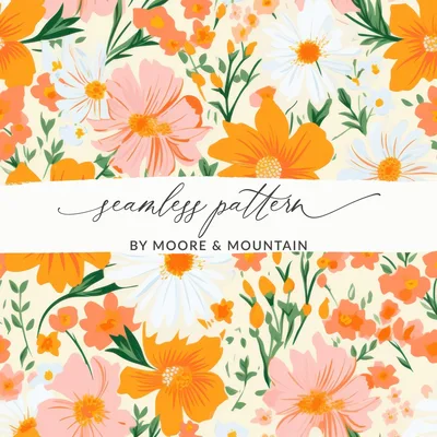 Retro Orange and Pink Bold Blooms Floral Background for POD Commercial Use