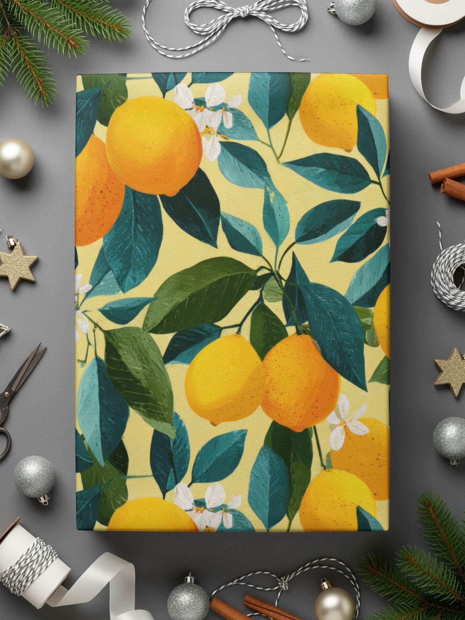 Ripe Lemons with Leaves and Blossoms Floral Pattern Digital