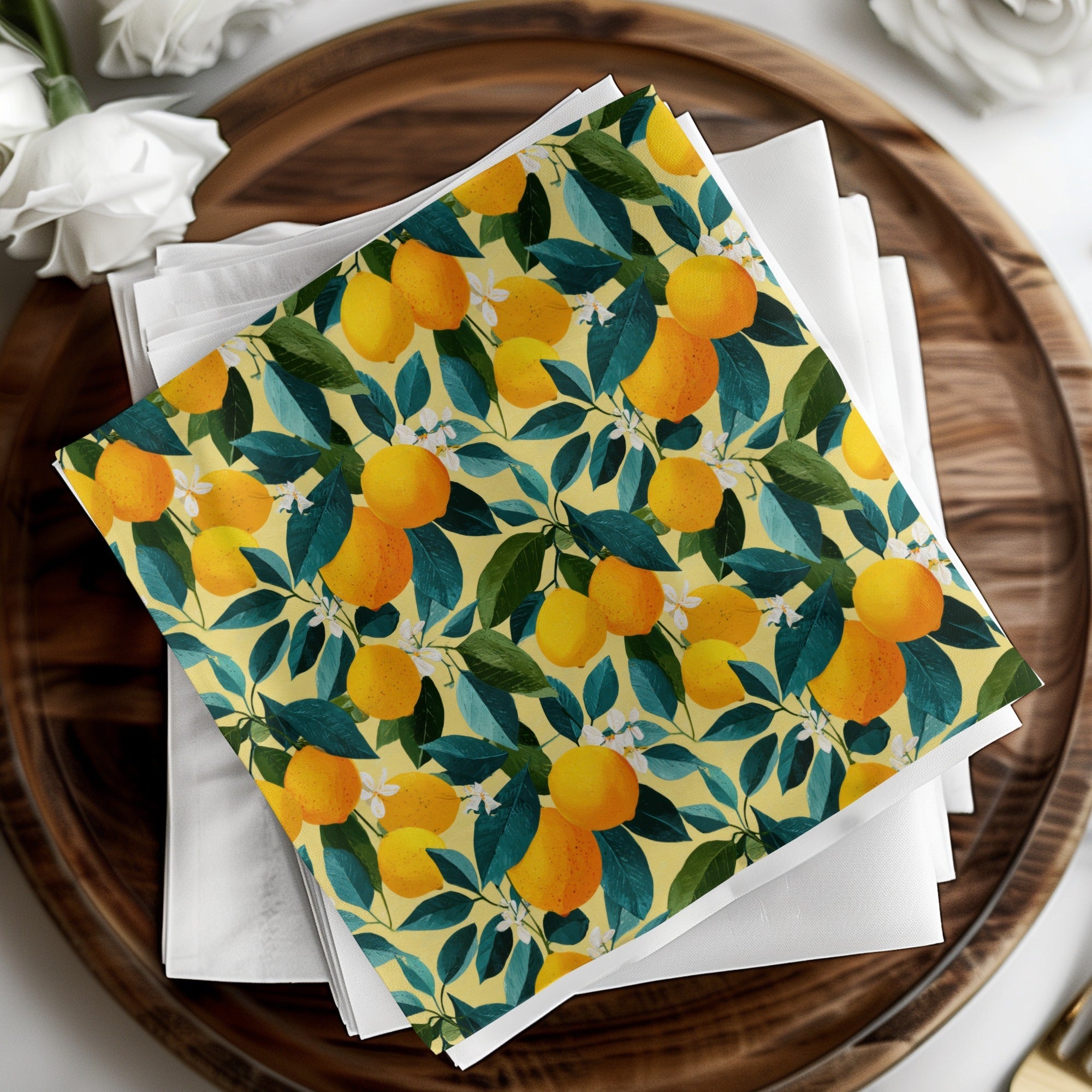 Ripe Lemons with Leaves and Blossoms Floral Pattern Digital