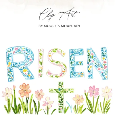 RISEN Floral Cross Clipart, Easter Christian PNG, Digital Download, Preppy Spring Art, Commercial Use, Vibrant Pastel Flowers SVG, Printable