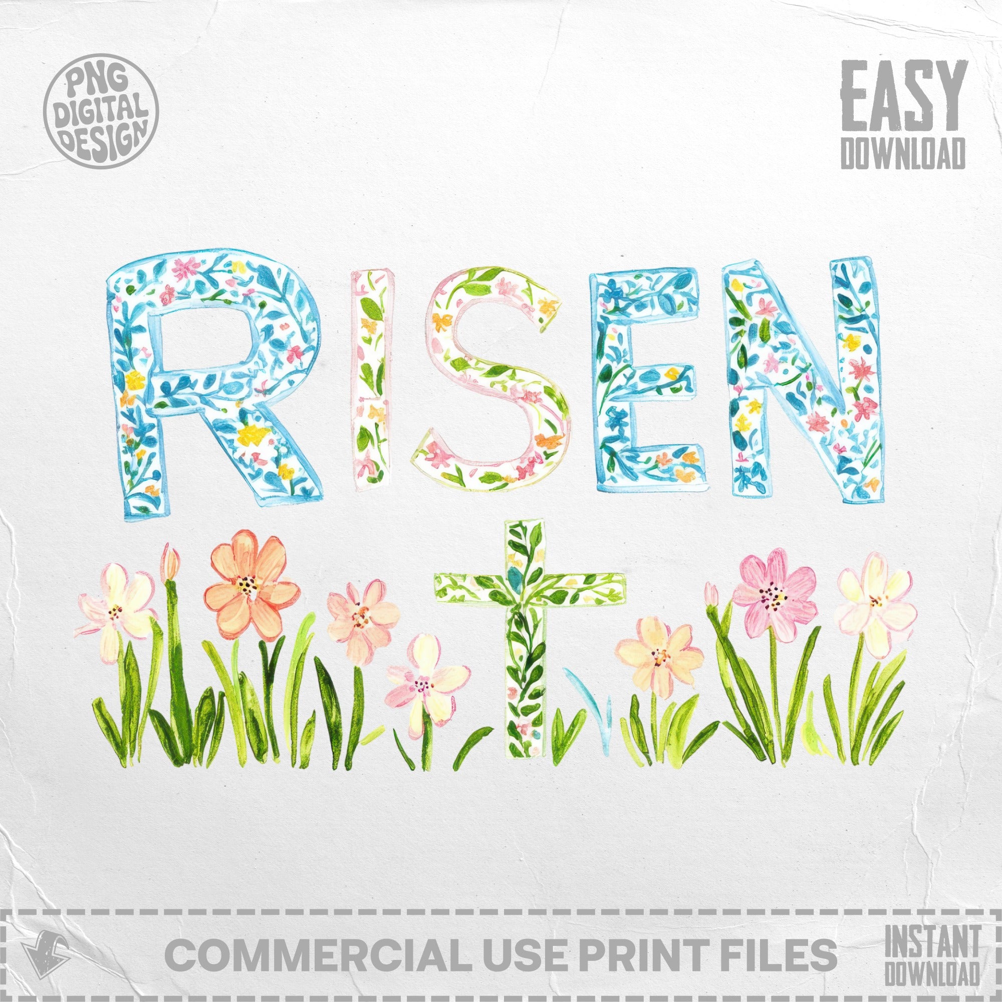 RISEN Floral Cross Clipart, Easter Christian PNG, Digital Download, Preppy Spring Art, Commercial Use, Vibrant Pastel Flowers SVG, Printable
