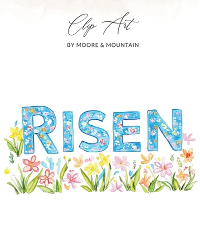 Risen Floral Word Art Digital, Pastel Rainbow Clipart PNG, Christian Faith Sublimation Design, Spring Flowers Graphic, Commercial Use
