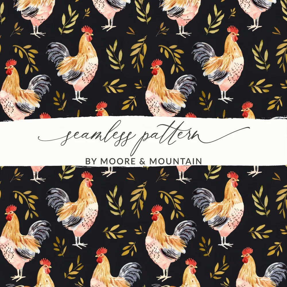 Rooster Golden Leaves Seamless Pattern on Black Digital, Seamless Rooster Pattern