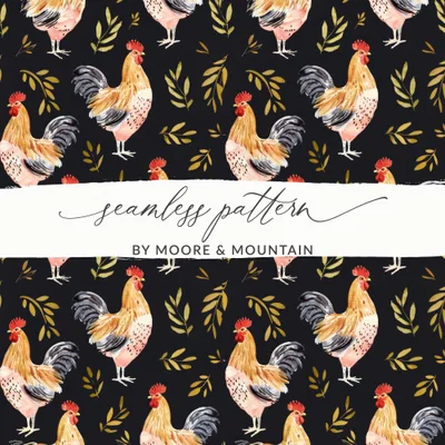Rooster Golden Leaves Seamless Pattern on Black Digital, Seamless Rooster Pattern