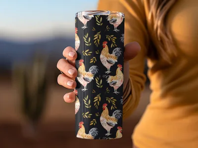 Rooster Golden Leaves Seamless Pattern on Black Digital, Seamless Rooster Pattern