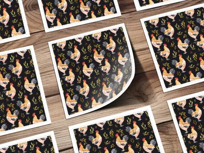Rooster Golden Leaves Seamless Pattern on Black Digital, Seamless Rooster Pattern