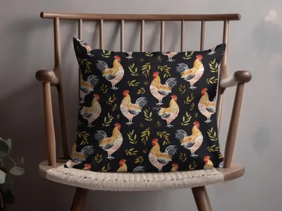 Rooster Golden Leaves Seamless Pattern on Black Digital, Seamless Rooster Pattern