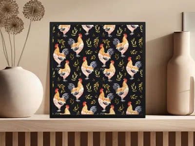 Rooster Golden Leaves Seamless Pattern on Black Digital, Seamless Rooster Pattern