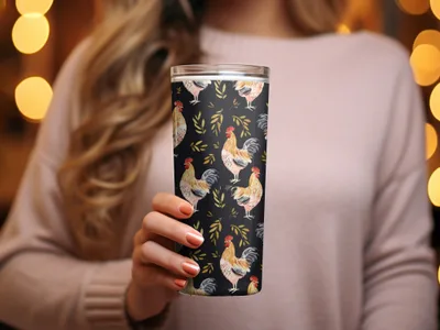 Rooster Golden Leaves Seamless Pattern on Black Digital, Seamless Rooster Pattern