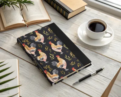 Rooster Golden Leaves Seamless Pattern on Black Digital, Seamless Rooster Pattern