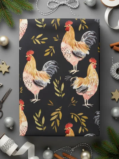 Rooster Golden Leaves Seamless Pattern on Black Digital, Seamless Rooster Pattern