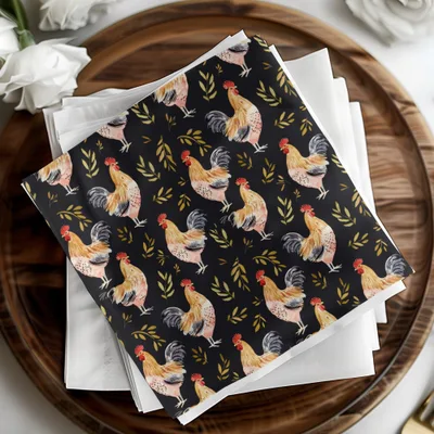 Rooster Golden Leaves Seamless Pattern on Black Digital, Seamless Rooster Pattern