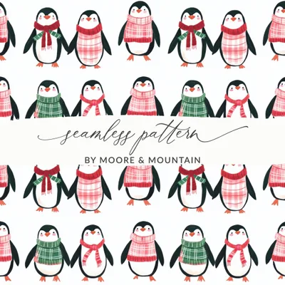 Row Penguins In Scarves Pattern Fun Animal Theme Digital