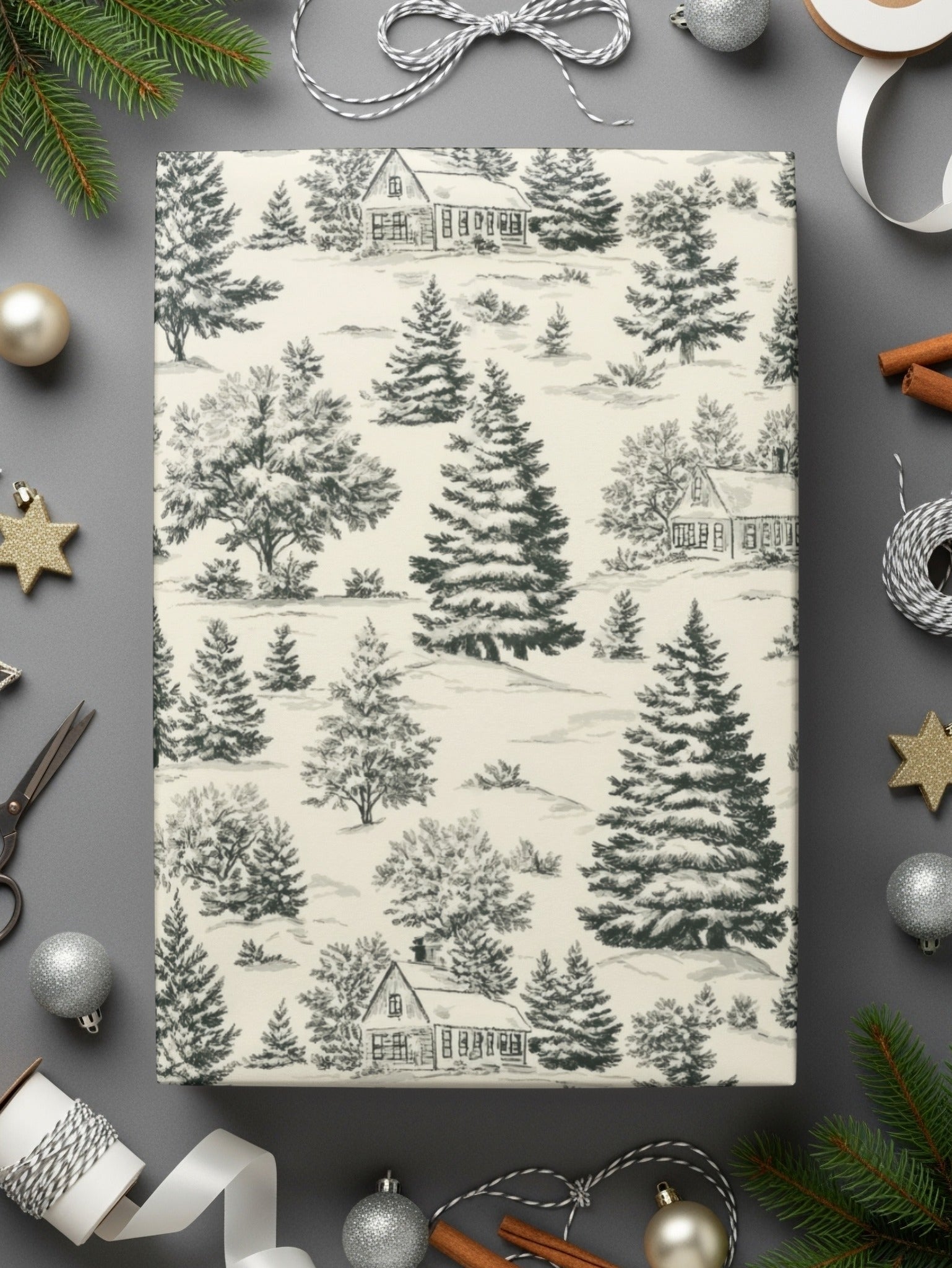 Seamless Winter Forest Toile Pattern Drawing Digital Pine Tree Forest Toile Christmas