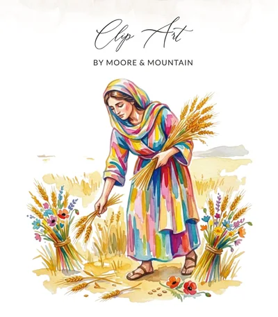 Ruth Gleaning Digital Art Print, Watercolor Bible Story Illustration, Christian Woman of Faith Wall Decor, Harvest Field Printable