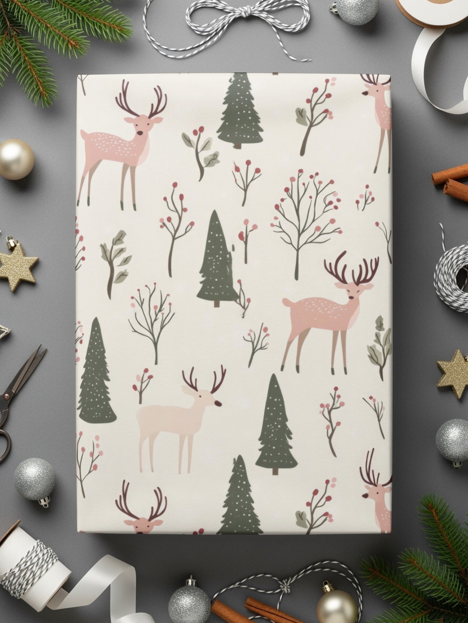 Sage Green and Pink Christmas Seamless Winter Deer Pattern for Commercial Use