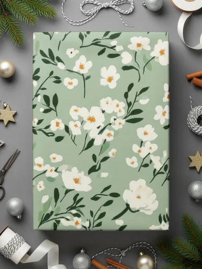 Sage Green and White Ditsy Floral Pattern Elegant Style Design Decorative Art Digital