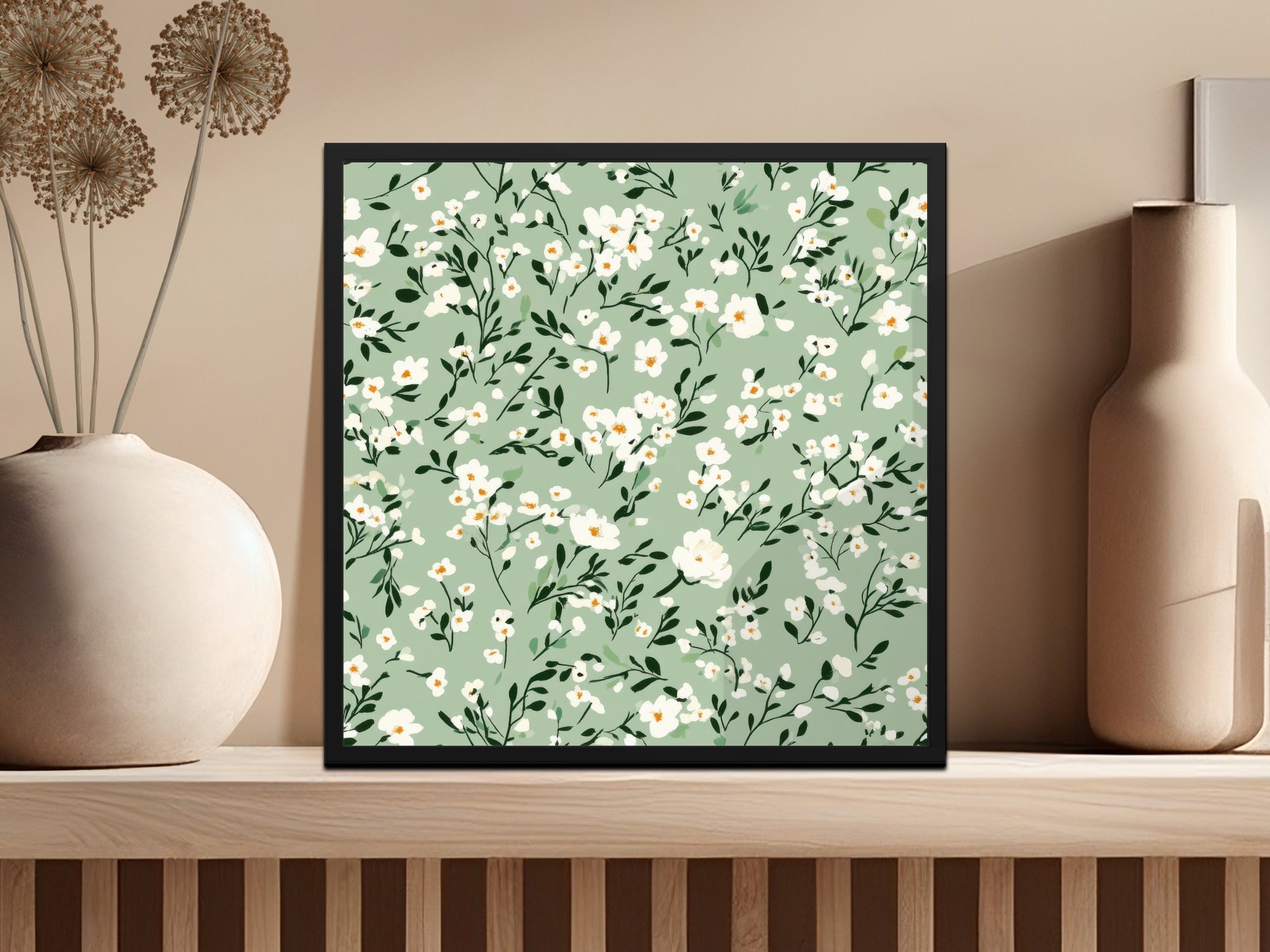 Sage Green and White Ditsy Floral Pattern Elegant Style Design Decorative Art Digital